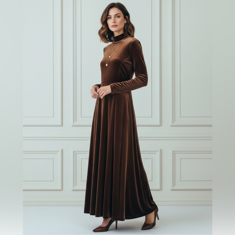 Vintage Brown Velour Maxi Dress Long Sleeve Mock Neck Medium Quiet Luxury‎ Chic